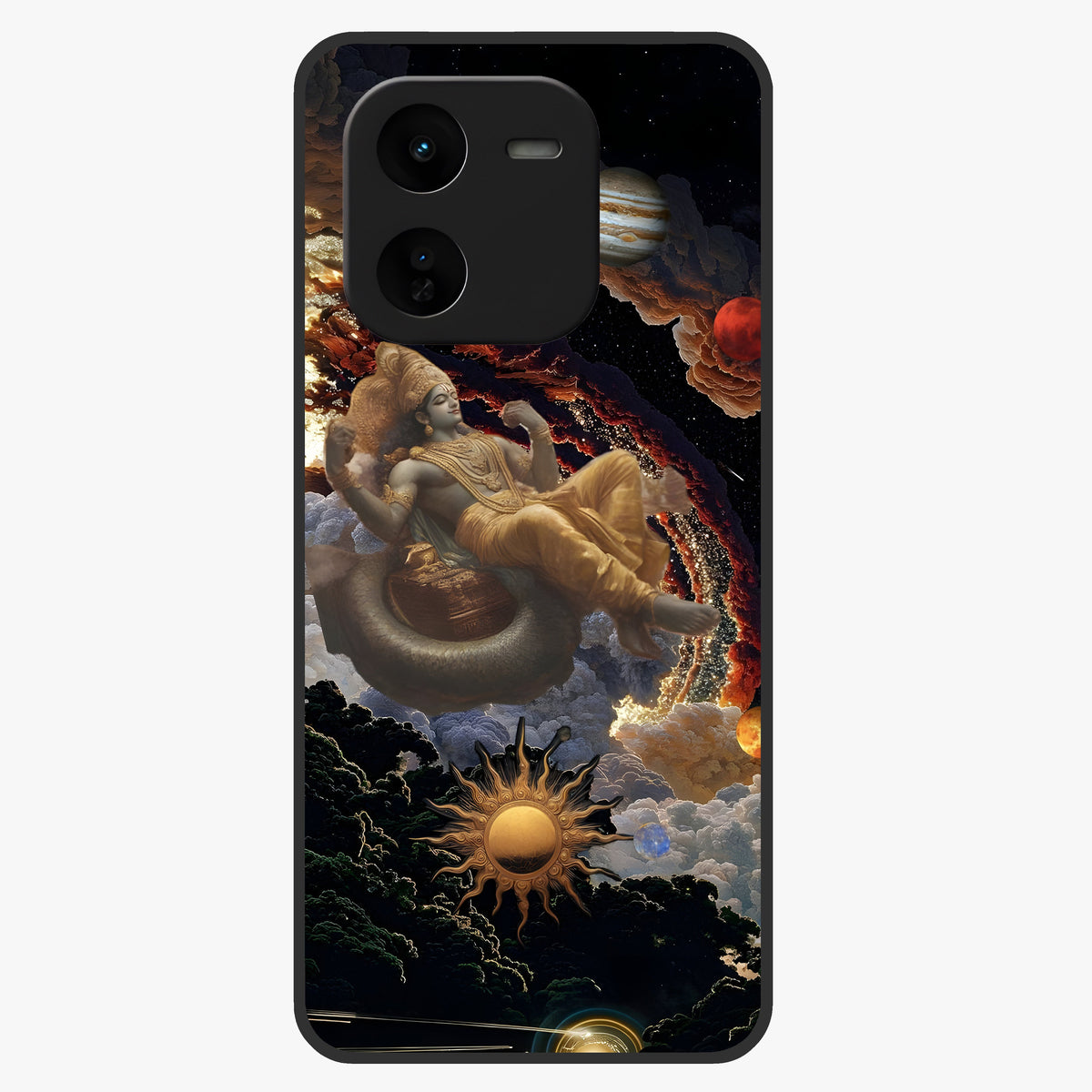 Galactic Divine God Glass Case showing flat back view with divine cosmic themed artwork and glossy glass finish.