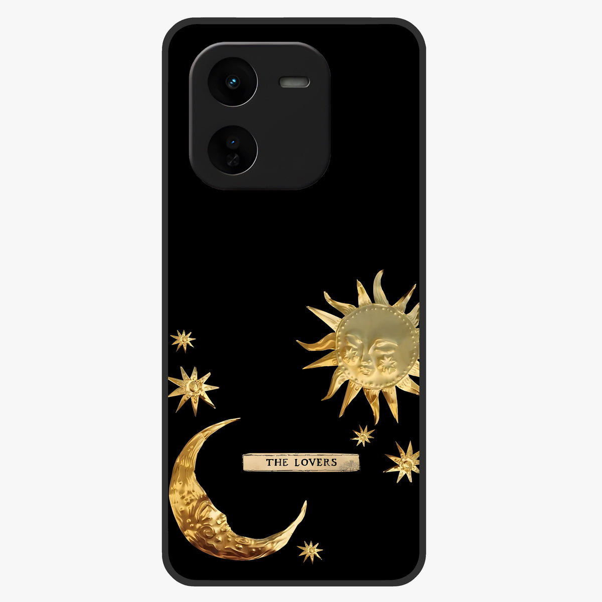 Golden Celestial Charm Glass Case showing flat back view with golden celestial charm artwork and glossy glass finish.