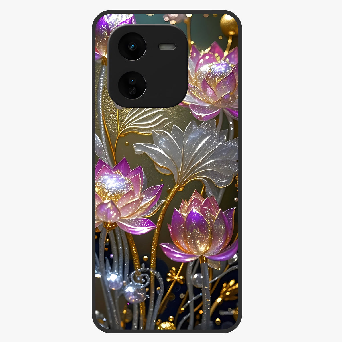 Golden Lotus Glow Glass Case showing flat back view with glowing lotus flower artwork and glossy glass finish.