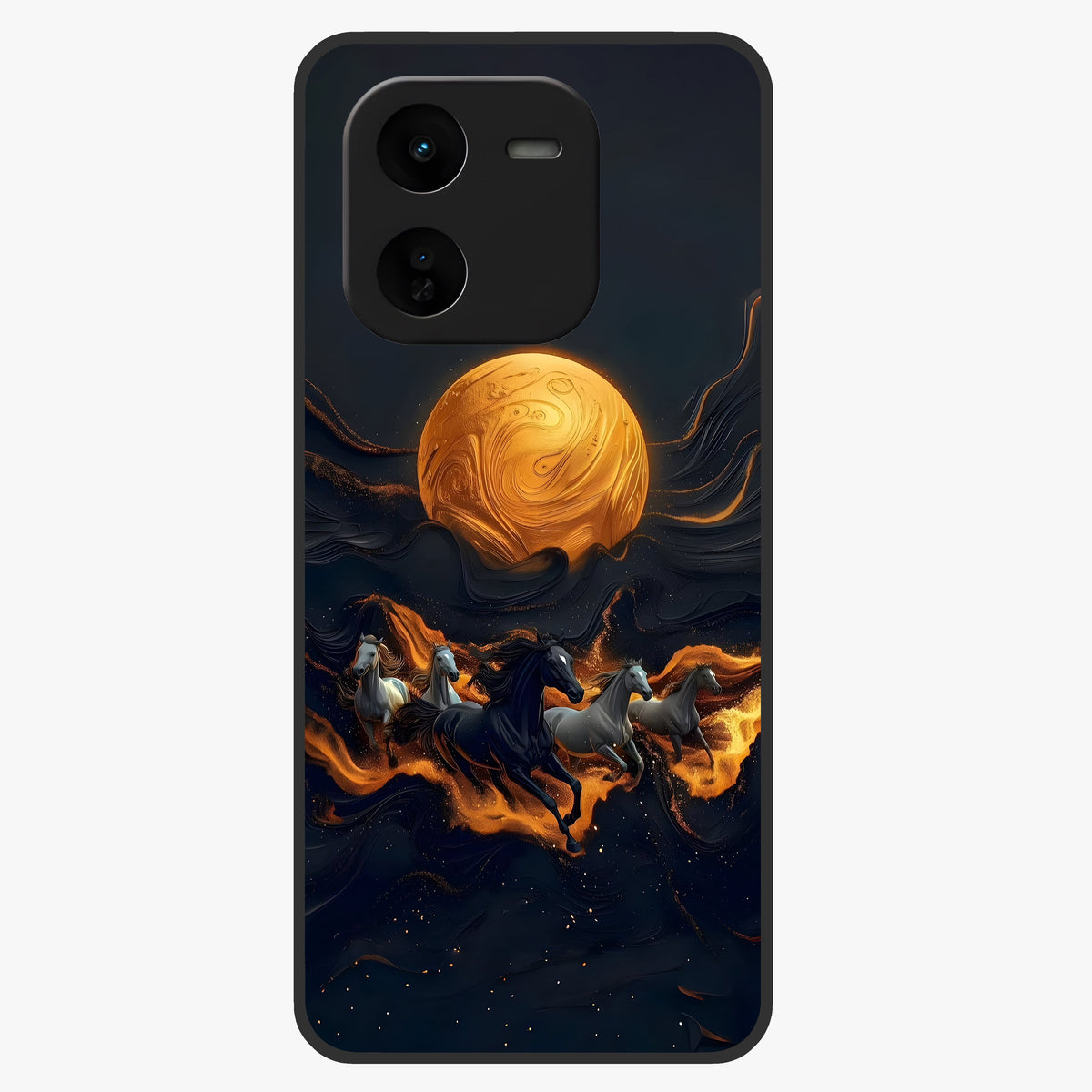 Golden Stallion Moonride Glass Case showing flat back view with majestic horse under moonlight artwork and glossy glass finish.