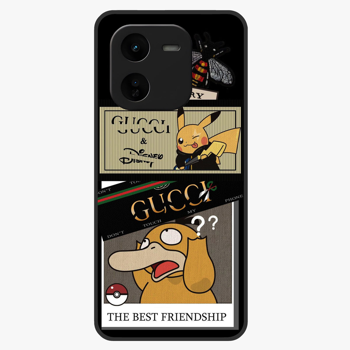 Gucci Play Mashup Glass Case showing flat back view with luxury inspired graphic artwork and glossy glass finish.