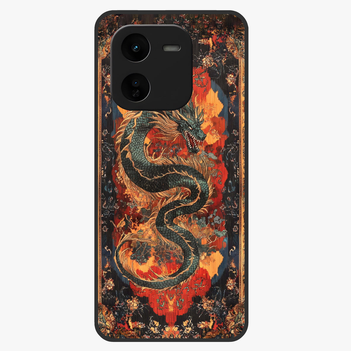 Inferno Dragon Soul Glass Case showing flat back view with fiery dragon artwork and glossy glass finish.