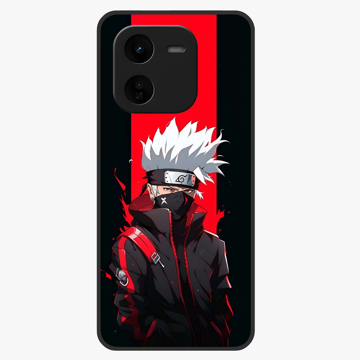 Kakashi Scarlet Shadow Glass Case showing flat back view with powerful anime ninja artwork and glossy glass finish.