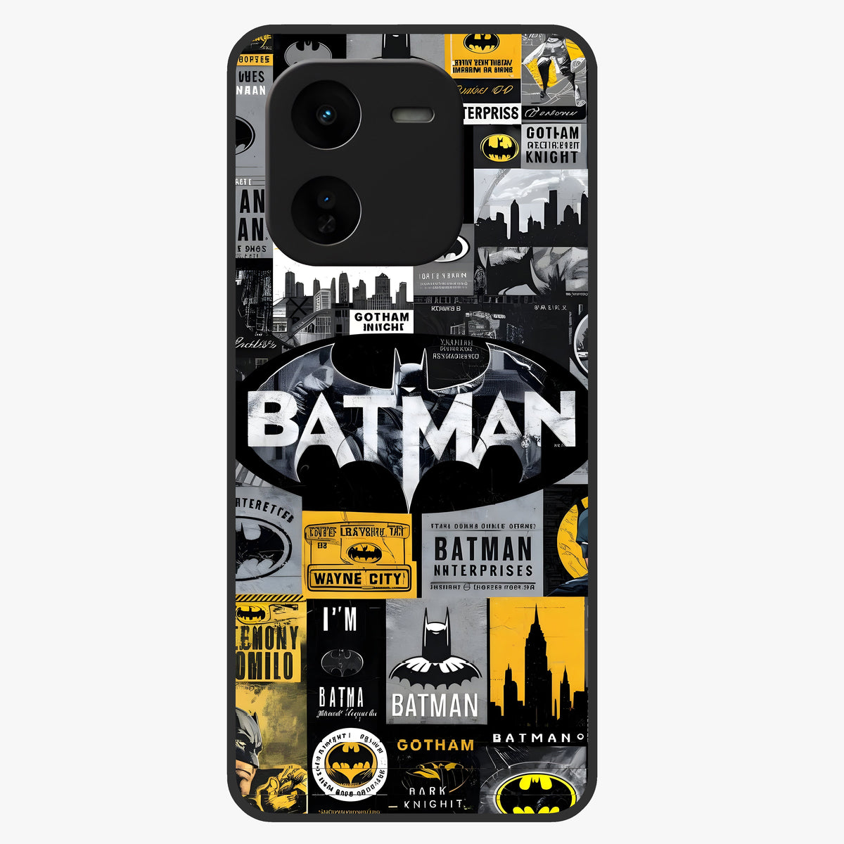 Knight Gotham Rise Glass Case showing flat back view with dark hero inspired artwork and glossy glass finish.