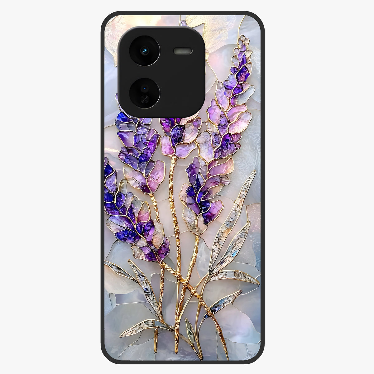 Lavender Dream Glow Glass Case showing flat back view with glowing lavender aesthetic artwork and glossy glass finish.
