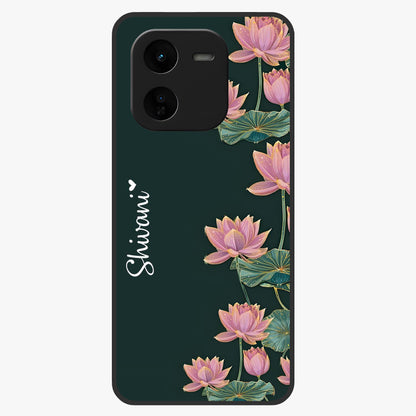 Lotus Bloom Serenity Custom Name Glass Case showing flat back view with elegant lotus flower artwork and personalized name design.