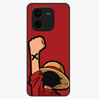 Luffy X Spirit Glass Case showing flat back view with bold anime character artwork and glossy glass finish.