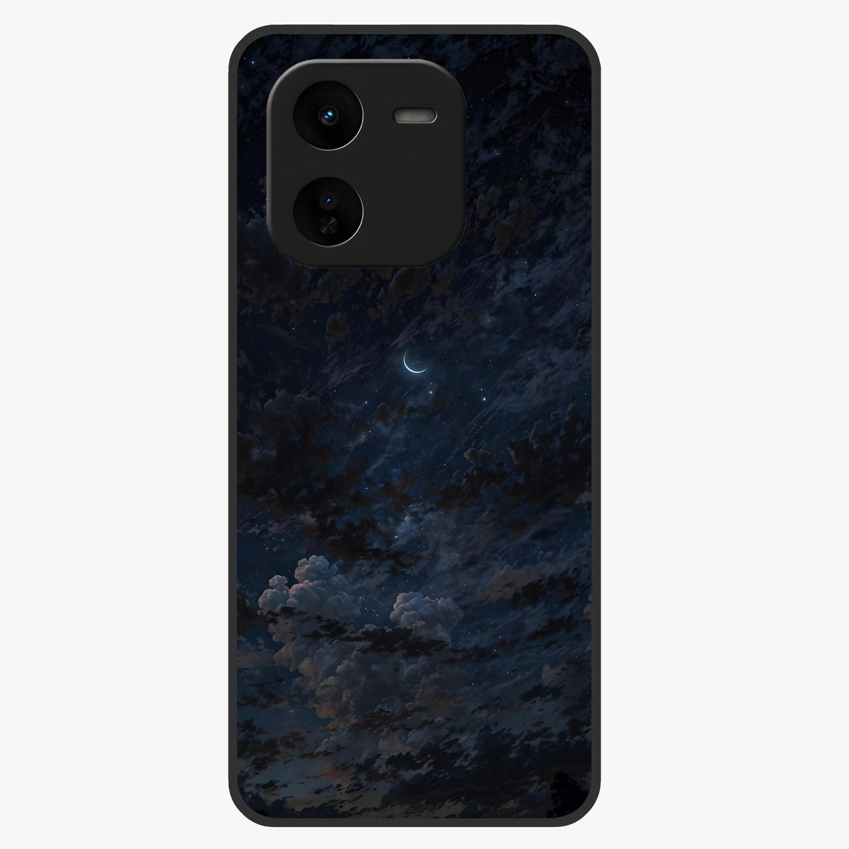 Lunar Veil Silence Glass Case showing flat back view with mystical moon veil artwork and glossy glass finish.