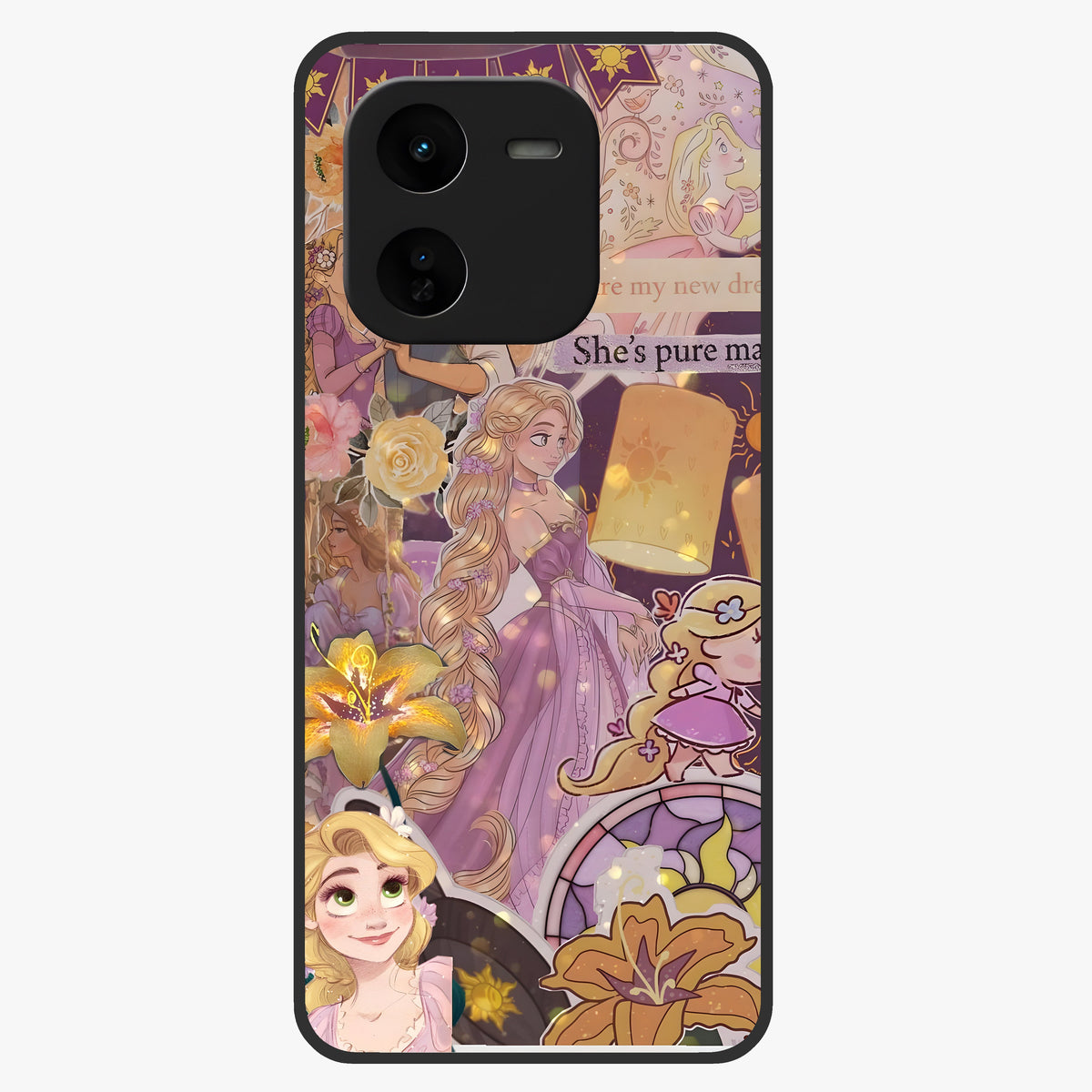 Magical Tangled Dream Glass Case showing flat back view with dreamy tangled artwork and glossy glass finish.