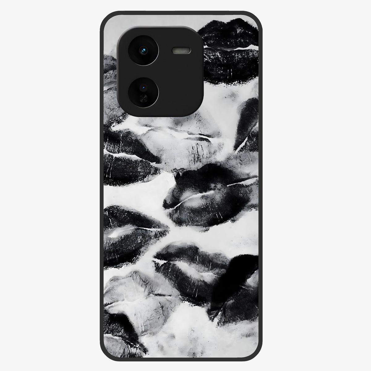Midnight Kiss Marks Glass Case showing flat back view with lipstick kiss mark artwork and glossy glass finish.