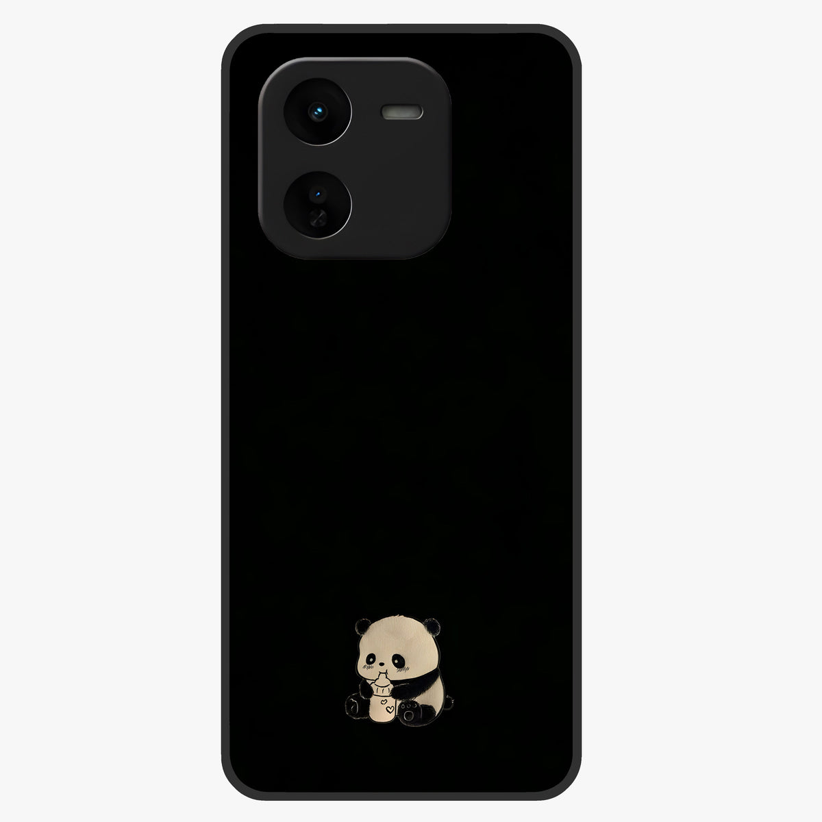 Midnight Panda Love Glass Case showing flat back view with cute panda themed artwork and glossy glass finish.