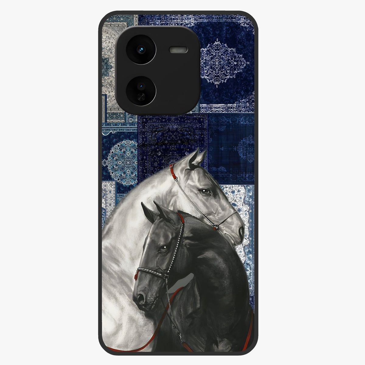 Midnight Stallion Blues Glass Case showing flat back view with majestic horse artwork and glossy glass finish.