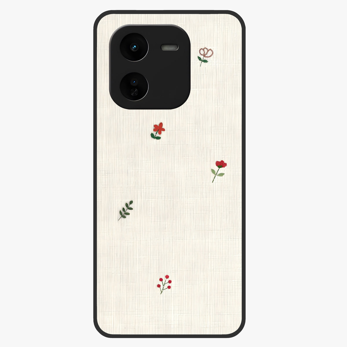 Minimal Petal Whispers Glass Case showing flat back view with soft minimal floral artwork and glossy glass finish.