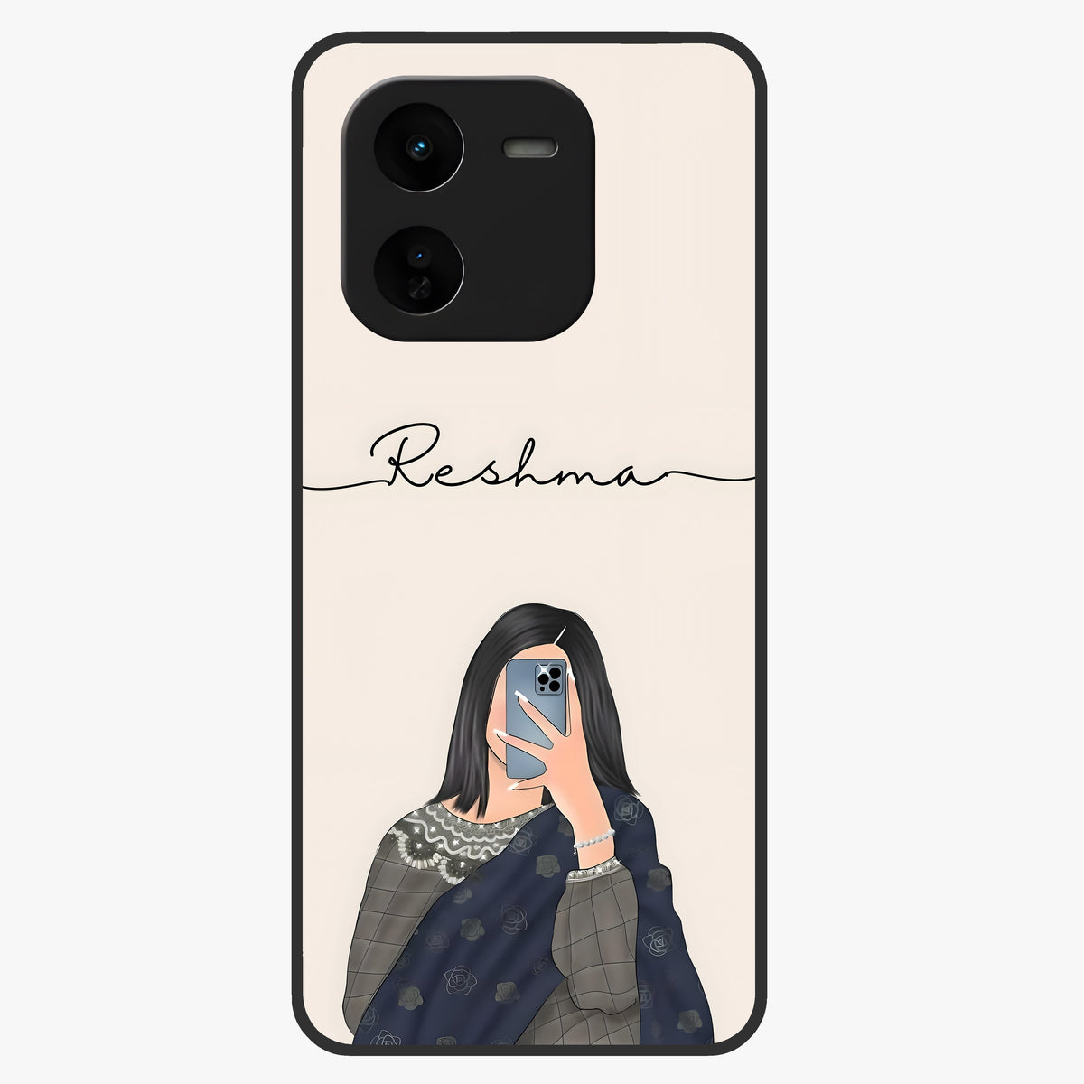 Mirror Mood Muse With Custom Name Glass Case showing flat back view with stylish mirrored artwork and personalized name design.