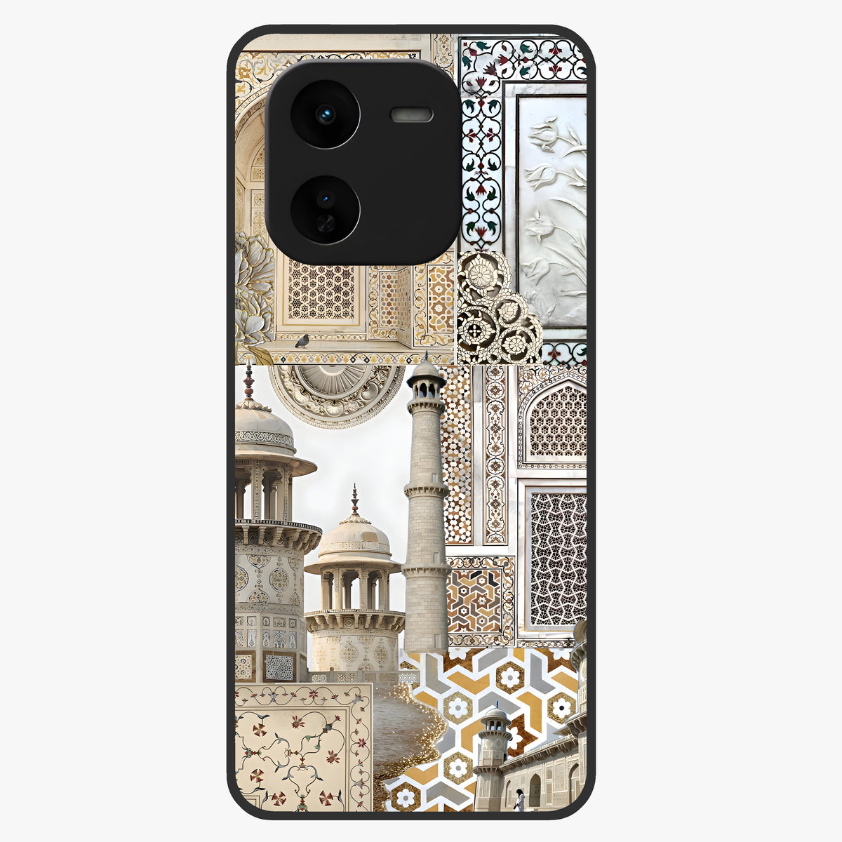 Mughal Marble Legacy Glass Case showing flat back view with intricate Mughal inspired marble pattern and glossy glass finish.