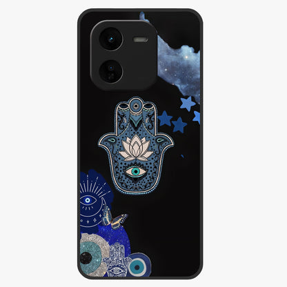 Mystic Hand Aura Glass Case showing flat back view with mystical hand symbol artwork and glossy glass finish.