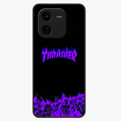 Neon Flame Riot Glass Case showing flat back view with neon flame artwork and glossy glass finish.
