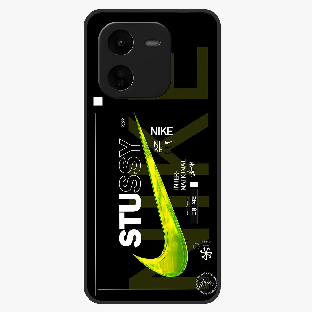 Neon Street Edition Glass Case showing flat back view with neon street style artwork and glossy glass finish.