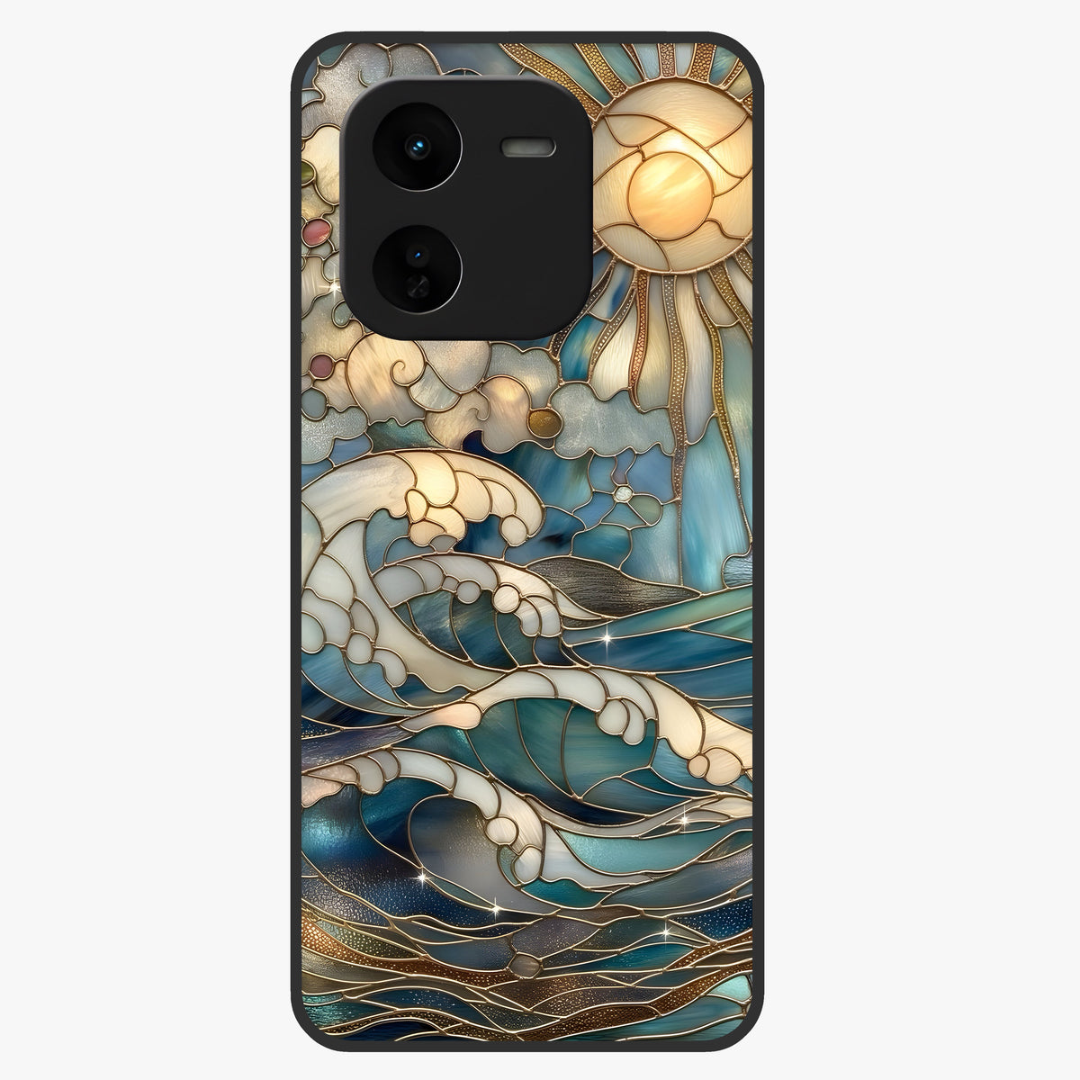 Oceanic Stained Printed Glass Case showing flat back view with ocean inspired stained pattern artwork and glossy glass finish.