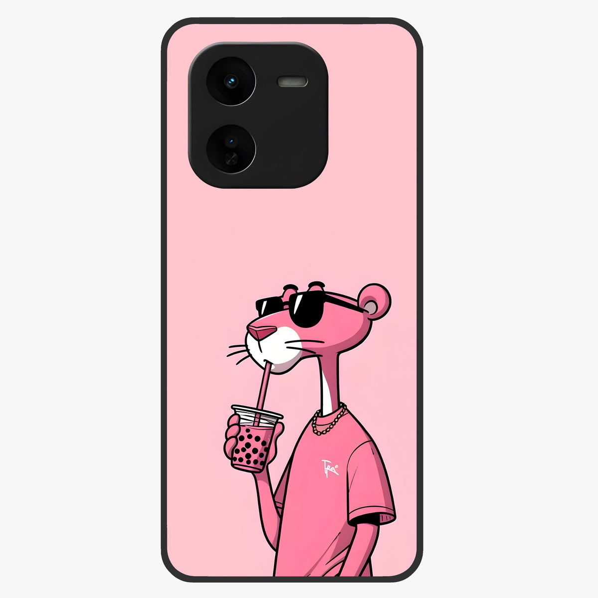 Pink Panther Glass Case showing flat back view with iconic pink panther artwork and glossy glass finish.