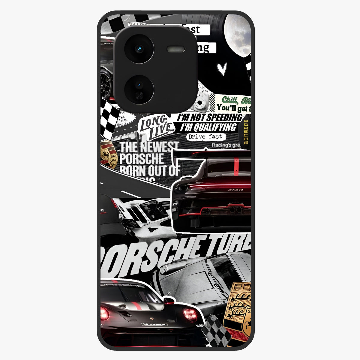 Porsche Racing Collage Glass Case showing flat back view with sports car racing collage artwork and glossy glass finish.
