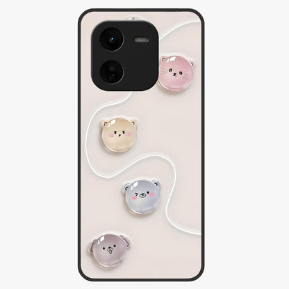 Puffy Face Parade Glass Case showing flat back view with cute puffy character faces artwork and glossy glass finish.