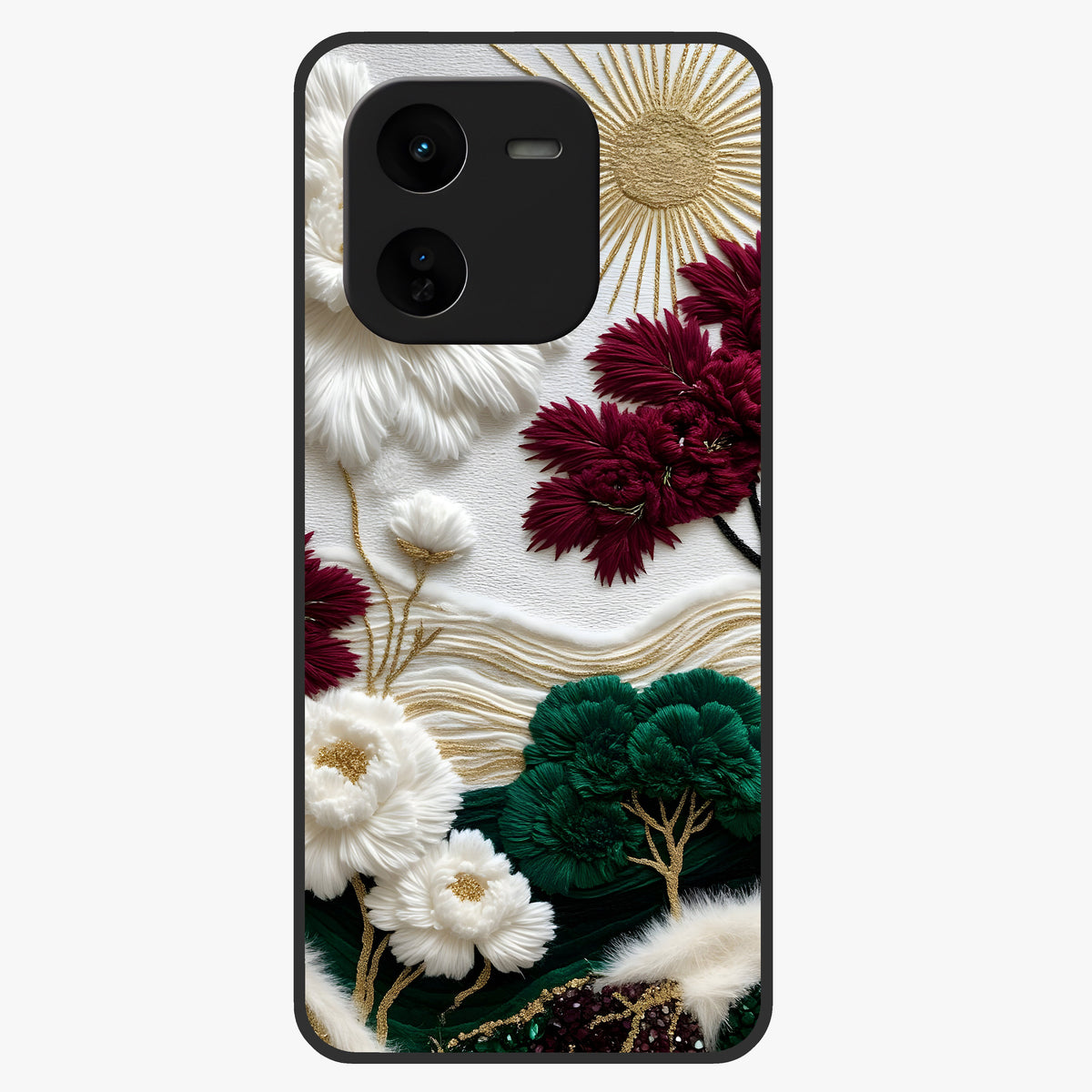 Radiant Bloom Elegance Glass Case showing flat back view with elegant blooming flower artwork and glossy glass finish.