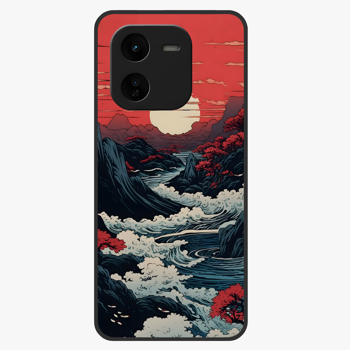 Red Sunset Scenery Glass Case showing flat back view with vibrant sunset landscape artwork and glossy glass finish.
