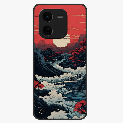 Red Sunset Scenery Glass Case showing flat back view with vibrant sunset landscape artwork and glossy glass finish.