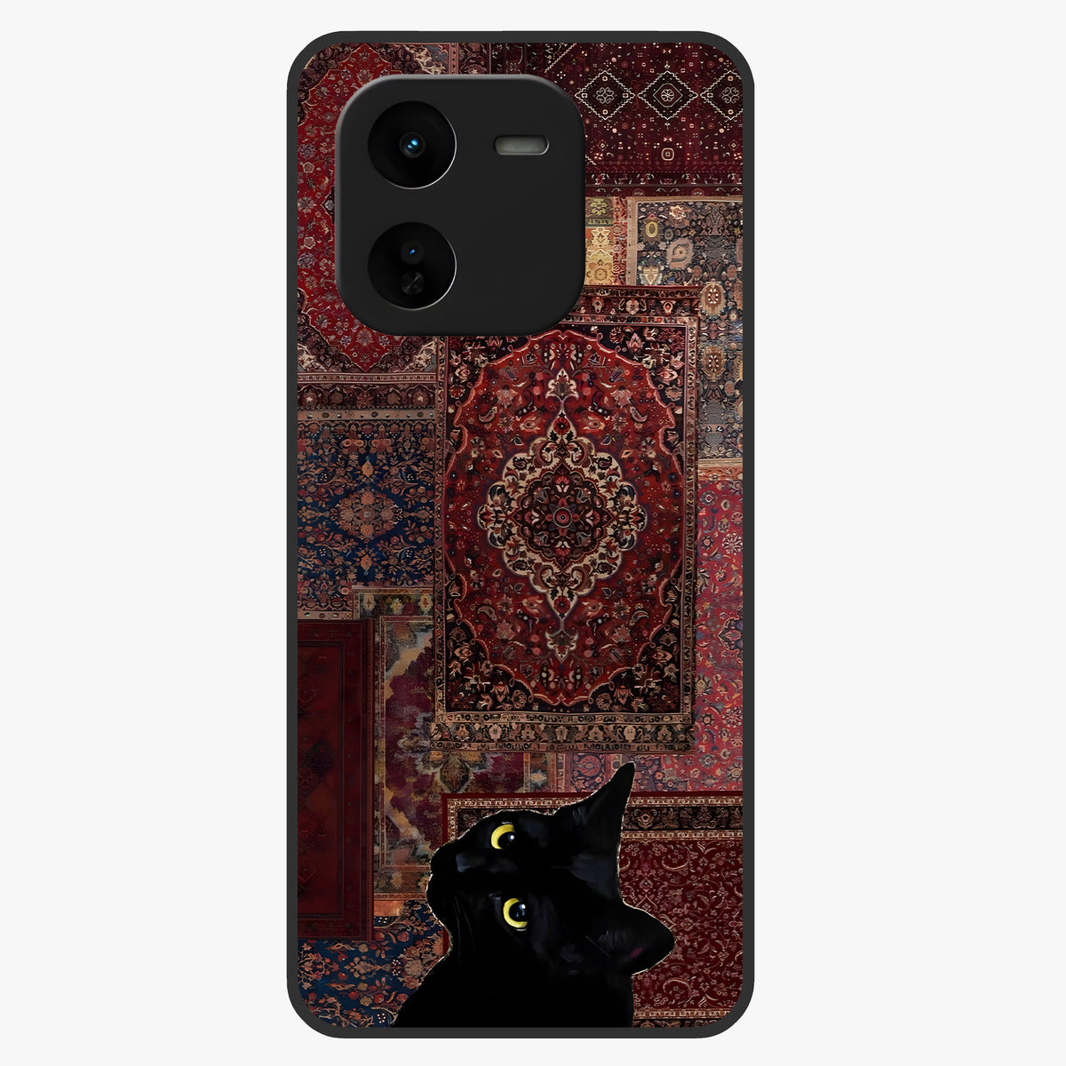 Regal Magic Cat Apple Glass Case showing flat back view with magical cat artwork holding apple and glossy glass finish.