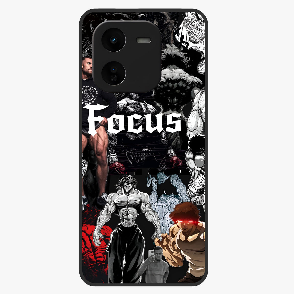 Relentless Power Focus Glass Case showing flat back view with motivational typography artwork and glossy glass finish.