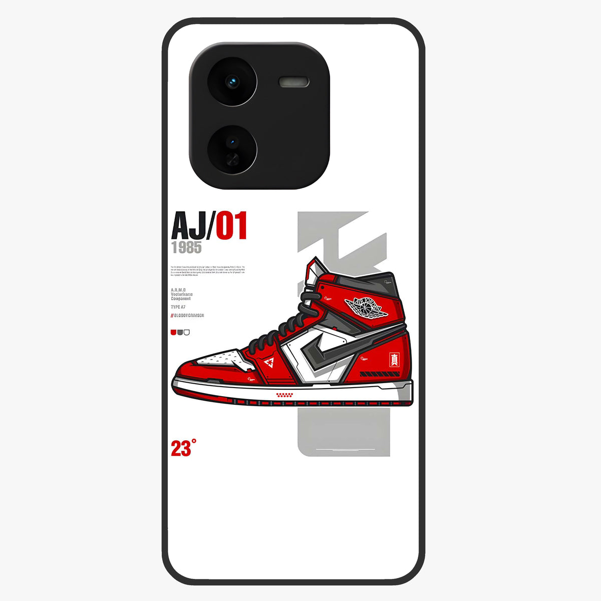 Retro Sneaker Blueprint Glass Case showing flat back view with sneaker blueprint style artwork and glossy glass finish.