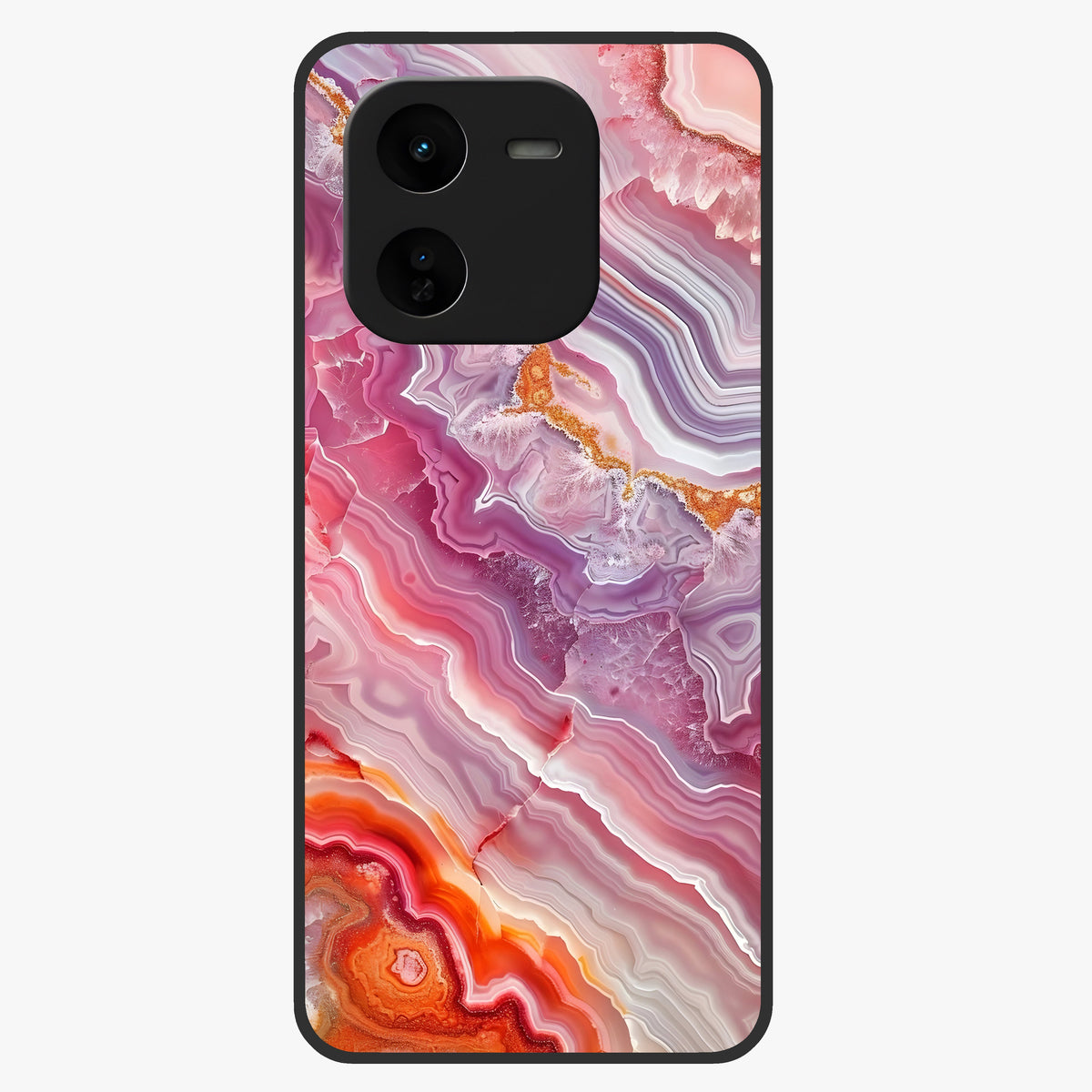 Rose Quartz Marble Glass Case showing flat back view with pink marble quartz texture artwork and glossy glass finish.