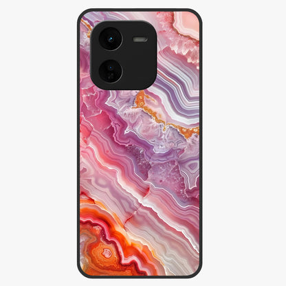 Rose Quartz Marble Glass Case showing flat back view with pink marble quartz texture artwork and glossy glass finish.