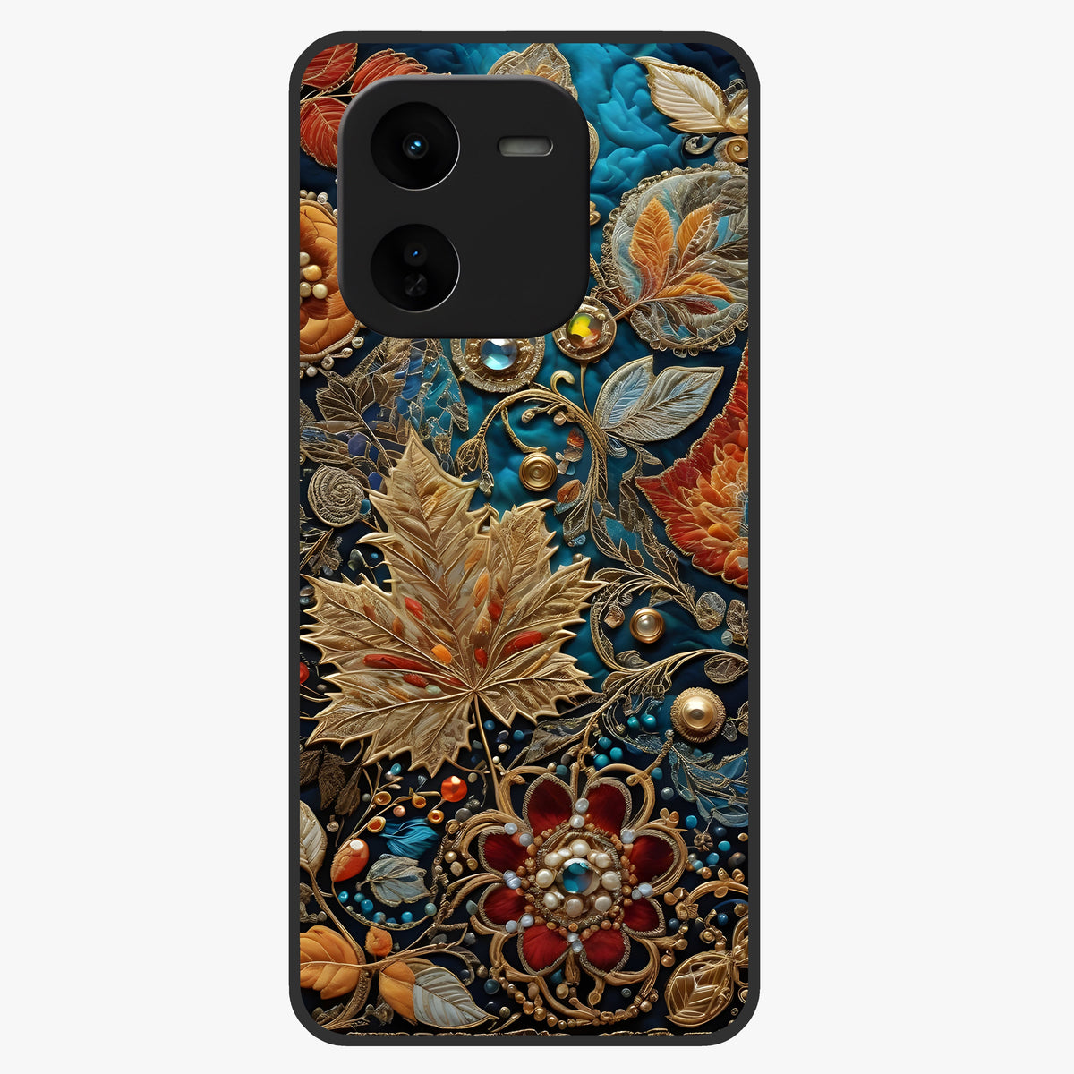 Royal Jewel Garden Glass Case showing flat back view with decorative floral garden artwork and glossy glass finish.
