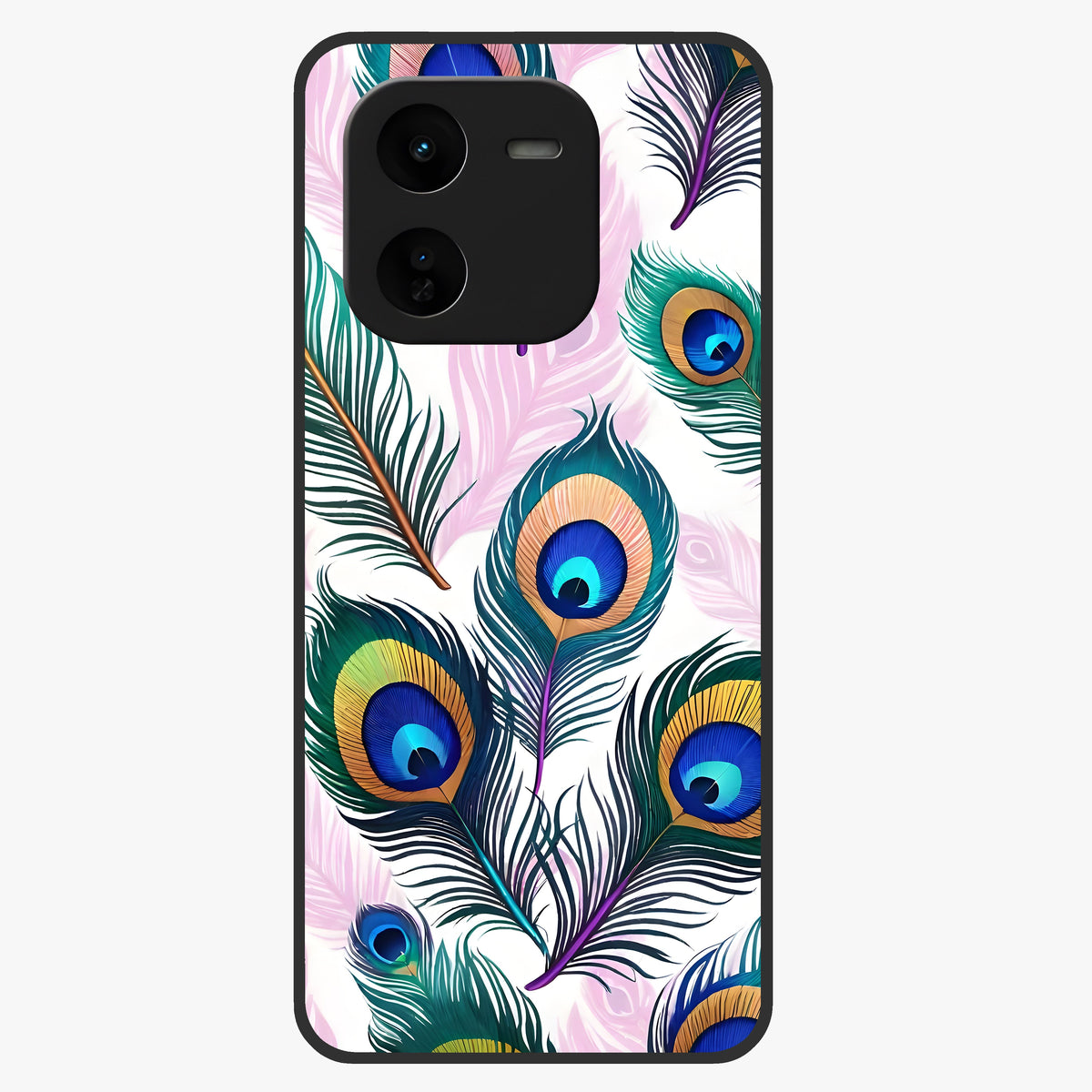 Royal Peacock Feathers Glass Case showing flat back view with colorful peacock feather artwork and glossy glass finish.