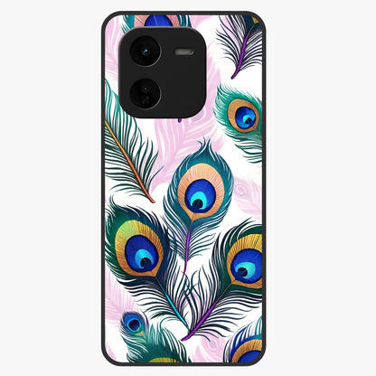 Royal Peacock Feathers Glass Case showing flat back view with colorful peacock feather artwork and glossy glass finish.