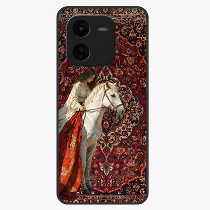 Royal Rider Tapestry Glass Case showing flat back view with majestic horse rider tapestry artwork and glossy glass finish.