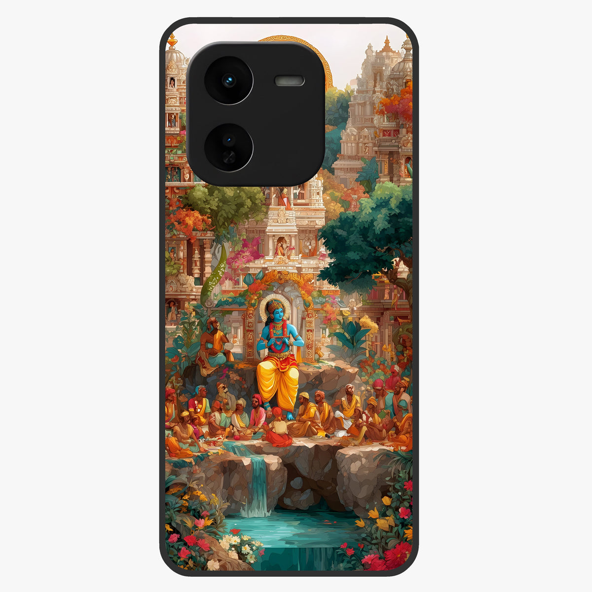 Sacred Sunlight Gods Glass Case showing flat back view with divine sunlight themed artwork and glossy glass finish.