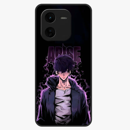 Shadow Monarch Awakening Glass Case showing flat back view with powerful dark monarch themed artwork and glossy glass finish.