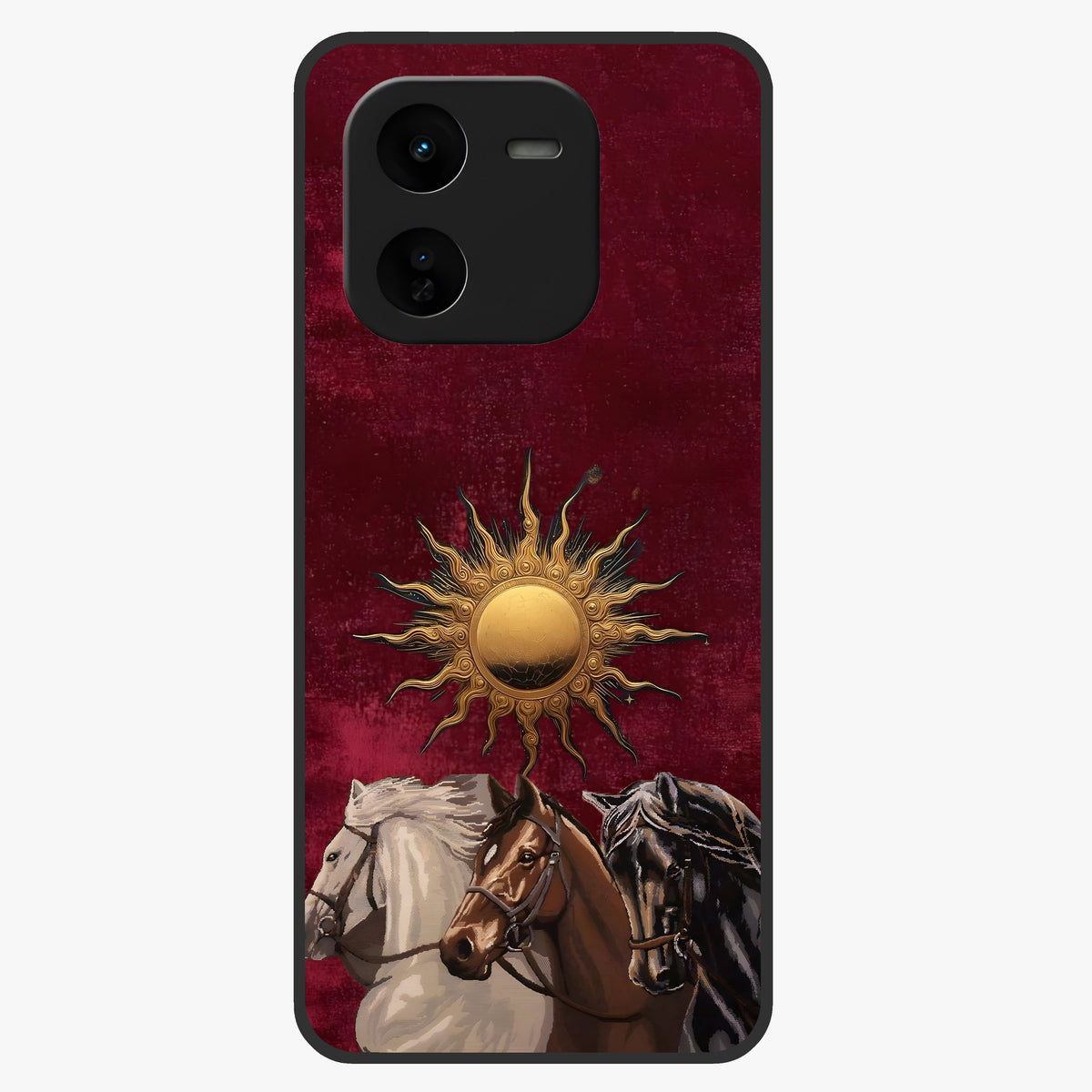 Solar Riders Glass Case showing flat back view with dynamic rider themed artwork and glossy glass finish.