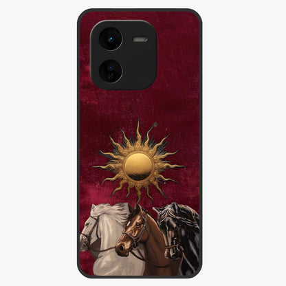 Solar Riders Glass Case showing flat back view with dynamic rider themed artwork and glossy glass finish.