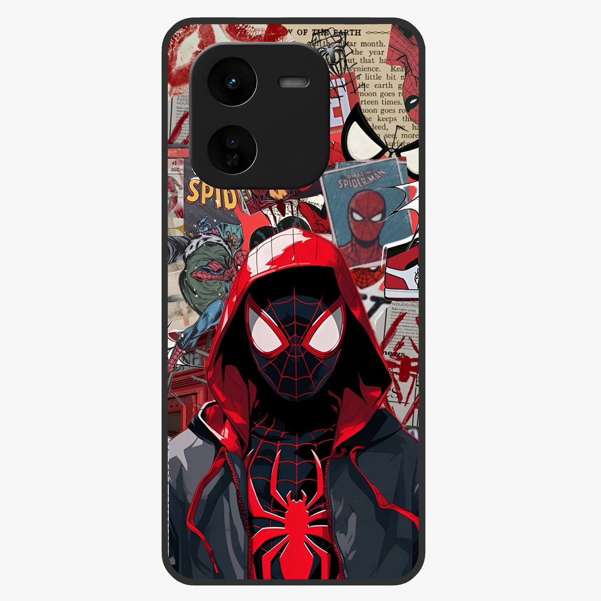Spider Collage Street Glass Case showing flat back view with vibrant superhero collage artwork and glossy glass finish.