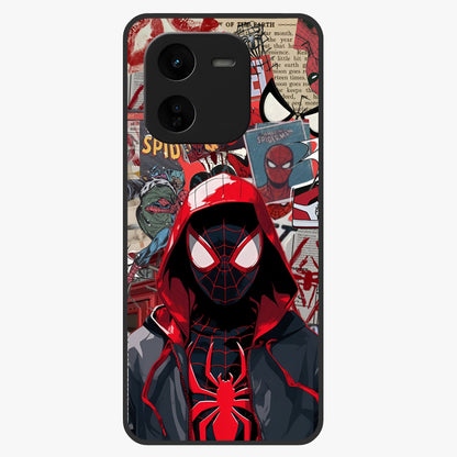 Spider Collage Street Glass Case showing flat back view with vibrant superhero collage artwork and glossy glass finish.