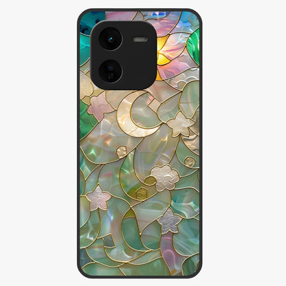 Stained Sunrise Glow Glass Case showing flat back view with glowing sunrise stained pattern artwork and glossy glass finish.