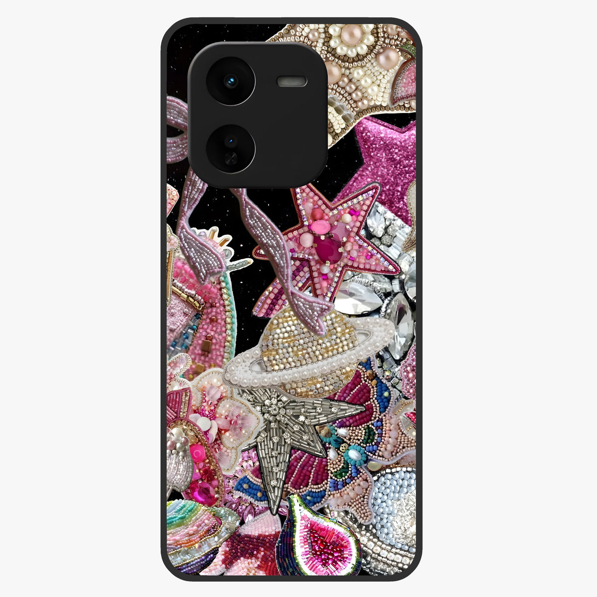 Starlit Jewel Dream Glass Case showing flat back view with sparkling jewel and star themed artwork and glossy glass finish.