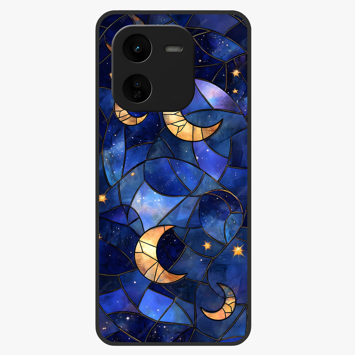 Starlit Sky Tapestry Glass Case showing flat back view with decorative starry sky tapestry artwork and glossy glass finish.