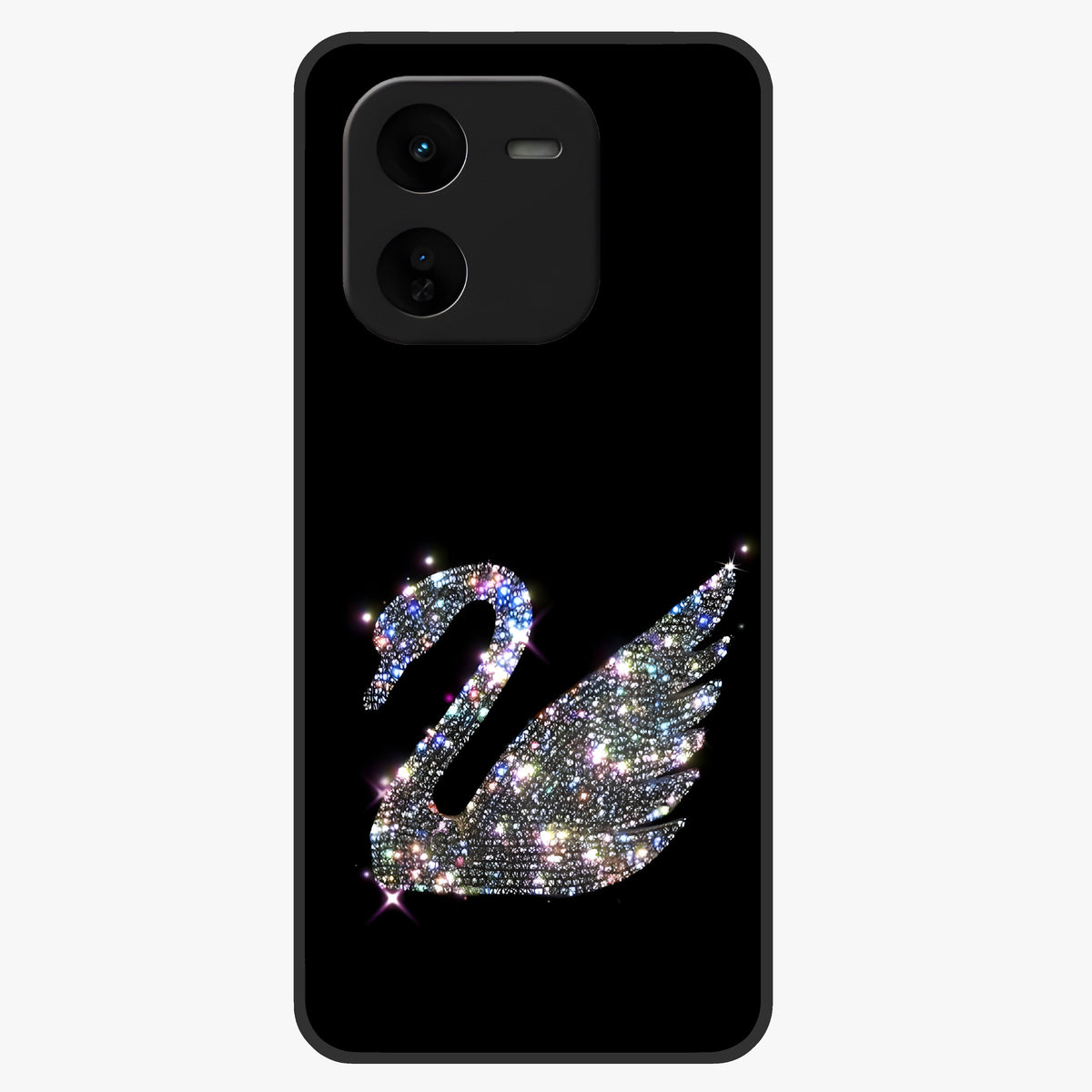 Starlit Swan Grace Glass Case showing flat back view with graceful swan artwork under starry sky and glossy glass finish.