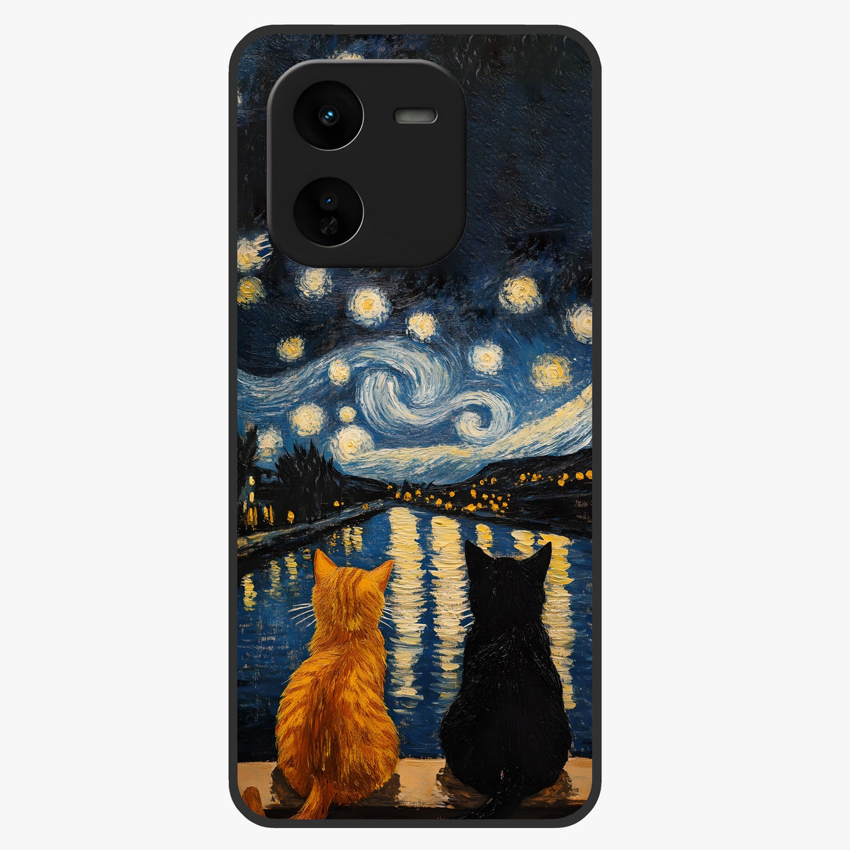 Starry River Cats Glass Case showing flat back view with cats by a starry river artwork and glossy glass finish.