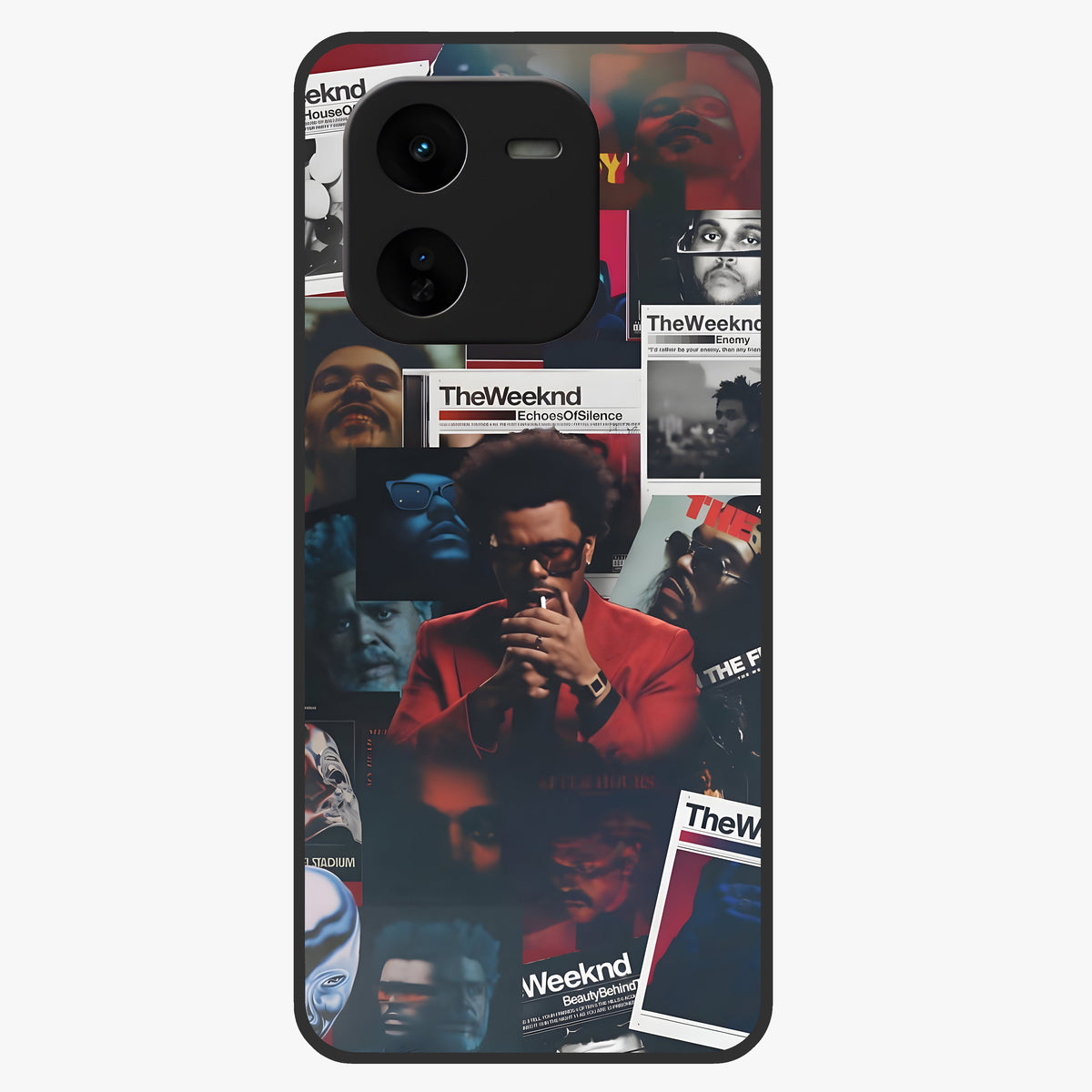 The Weeknd Glass Case showing flat back view with music inspired artistic portrait artwork and glossy glass finish.